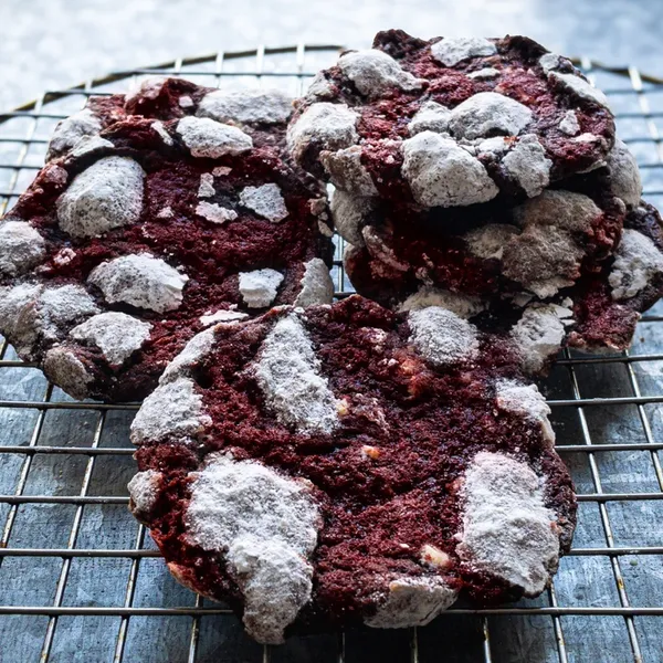 Stack of Red Velvet Crinkle Cookies